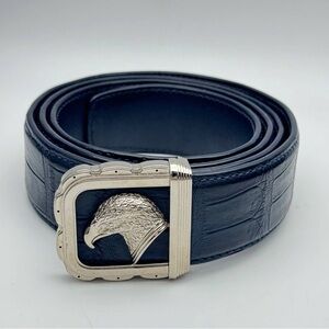 STEFANO RICCI EAGLE BUCKLE BELT BLUE NATURAL ALLIGATOR LEATHER SS 105CM